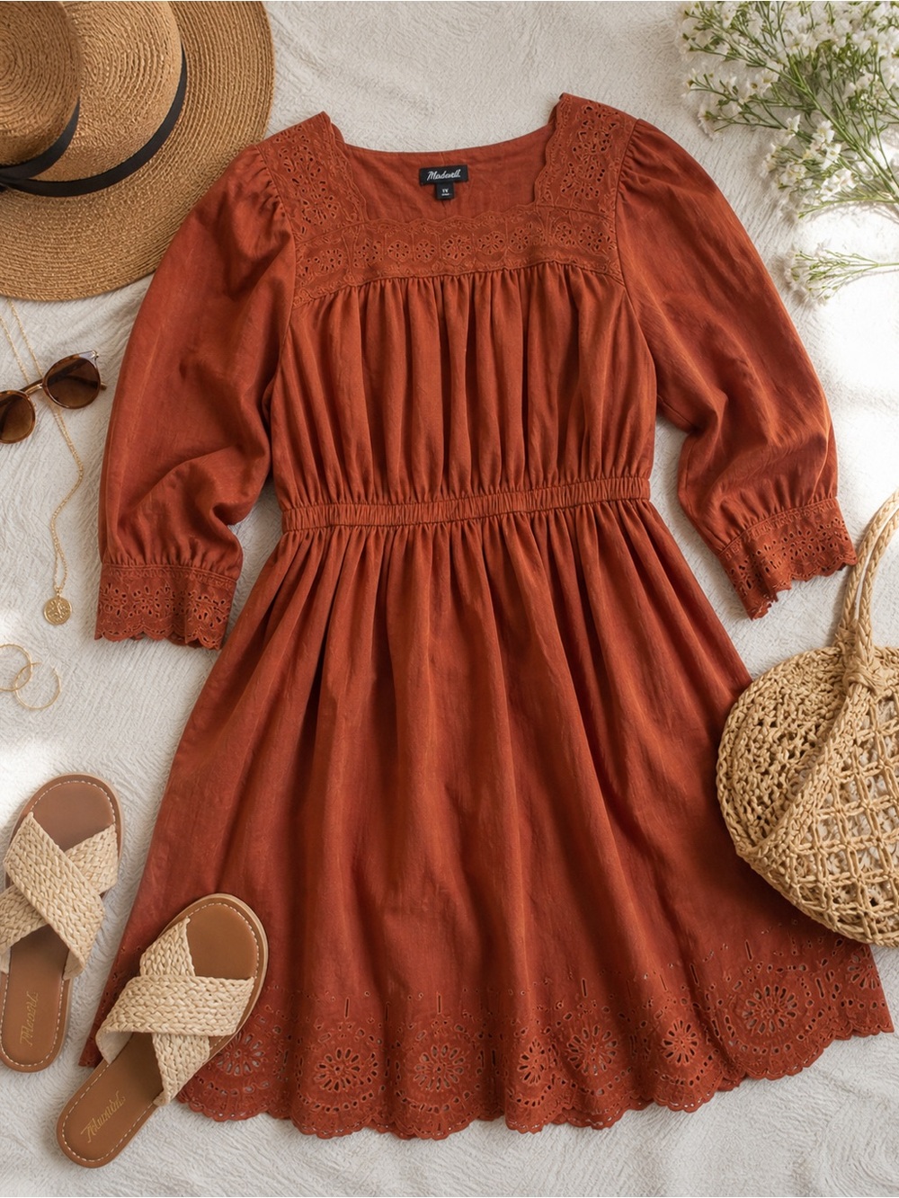 Madewell Plus Size 1X Rust Boho Eyelet Dress| Cortagecore, Peasant, Mini